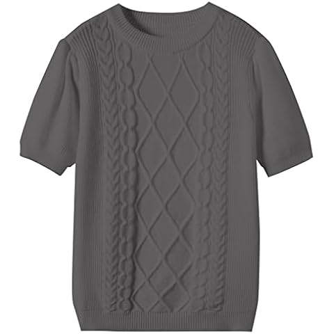DAIMIDY Women's Cable Knit Short Sleeve Sweaters, Crew Neck Solid Color Knitted Summer Pullover Tops, Small, Cable Grey Cover