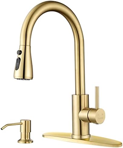 DAYONE Kitchen Faucet with Soap Dispenser Champagne Gold, Stainless Steel Single Handle Kitchen Sink Faucet 3 Modes, Pull Down Faucet for 2 Holes or 4 Holes Sink, DAY-257BTG