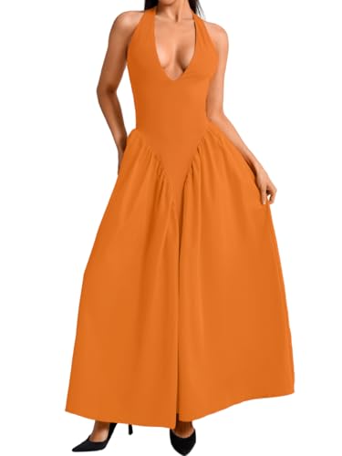 Image of ChiaoLezhee Deep V Neck Dress, Halter Maxi Dresses, Vacation Date Night, Sexy for Women Corset Flowy Wedding Guest Drop Waist