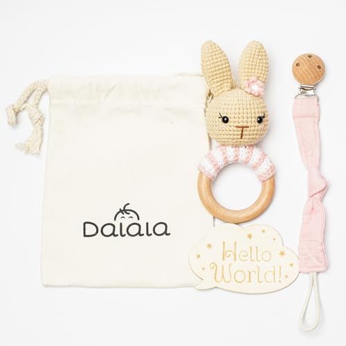 Regalo Bebe Recien Nacido Niño Niña Original Sonajero Ganchillo Hecho a Mano en Algodon y Madera Chupetero Juguete Estimulación Montessori Ideal como Regalo Nacimiento Cumpleaños Bautizo