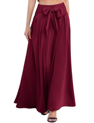Women Elegant Elastic High Waist Tie Front Pleated Maxi Skirts Vintage Flowy Boho Maxi Skirt Summer Casual Beach Long Skirts