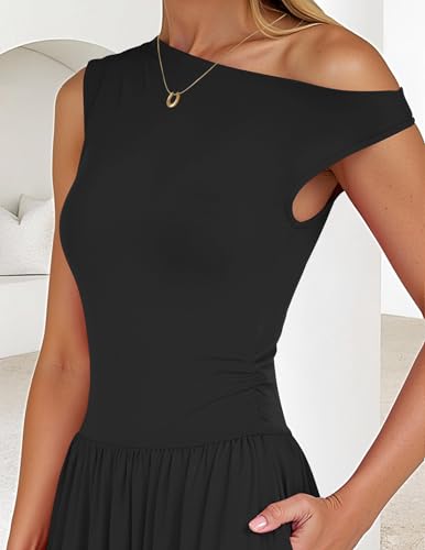 ZESICA Women's Summer 2025 Sleeveless Maxi Dress One Shoulder Casual Slim Swing Pleated Formal Dresses with Pockets4