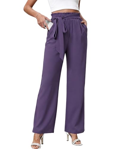 GEKCM High Waist Wide Leg Lounge Pants for Women Casual Business Lightweight Flowy Trousers Deep Purple XXL