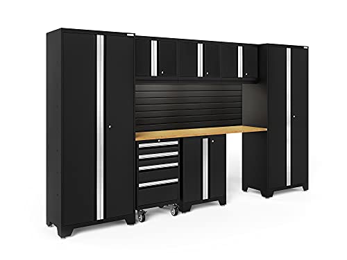NewAge Products Bold Series Black 8-Piece Cabinet System, Steel Garage Storage Cabinets, Bamboo Worktop with Slatwall & LED Lights, 40457