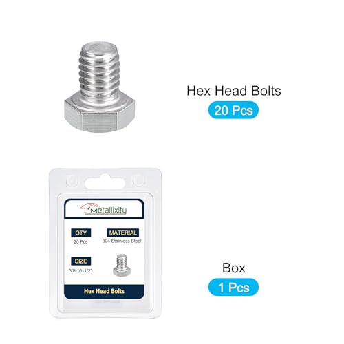 Image of METALLIXITY Hex Head Bolts (3 /8-16 x 1 /2 inch) 20Pcs, 304 Stainless Steel 18-8, Fully Threaded, External Hex Drive, Plain Finish, Hex Head Screw Bolt, Silver