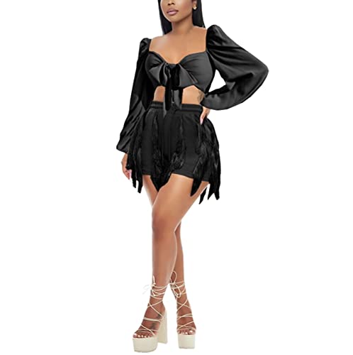 2 Piece Outfits Workout Sets For Women - Vestidos Casuales Juveniles V Neck Tie Front Long Sleeve Crop Tops Fringe Tassel Biker Shorts Sets Beach Vacation Rave Outfits Black, Medium #TOP30