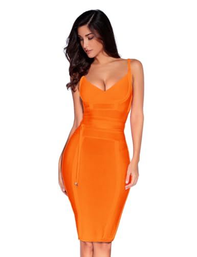 meilun Damen Rayon Gürtel Detail Bandage Bodycon Partykleid, Orange, S