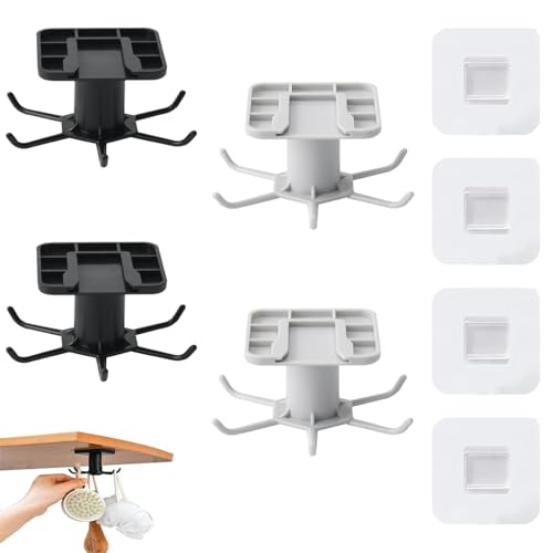 Belvanr 4 Piezas Ganchos para Utensilios de Cocina Giratorios de 360°,sin Perforación Colgador de Utensilios Cocina con 6 Ganchos,para Cocina/Baño/Armario (Negro+Blanco)
