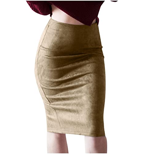 Suede Bodycon Pencil Skirt for Women Slim Office Work Business Casual Knee Below Skirt Prom Night Party Hip Skirts