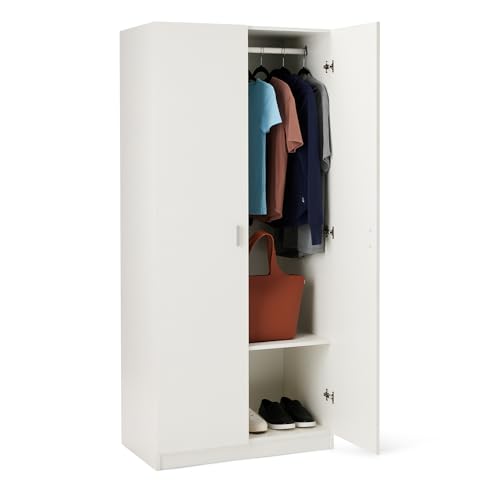 Amazon Basics Armario de Madera de Dos Puertas con Estante y Barra para Ropa, Mueble de Almacenamiento, Dormitorio, Blanco, 50cm x 80cm x 180,1cm