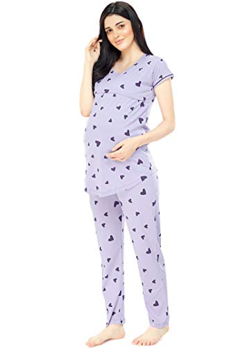 Image of ZEYO Women's Cotton Heart Printed Maternity & Feeding Relaxed Night Suit Set of Top & Pyjama Nursing Night Dress 5329 (Available in Plus Size)