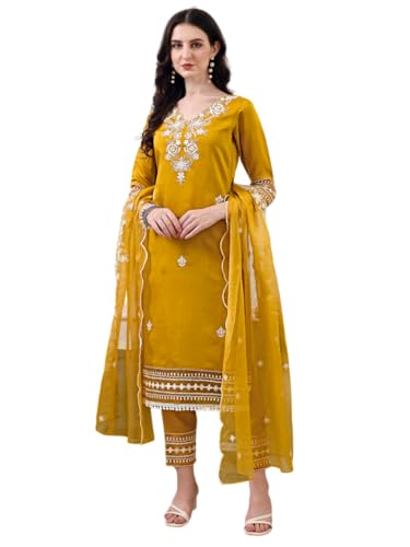 Image of NIVANA Womens Pakistani Style Embroidered Kurta with Pant & Embroidered Dupatta | Chanderi Straight Kurta Set with V-Neck & 3 /4 Sleeves | Ethnic Wear for Festive & Casual Occasions