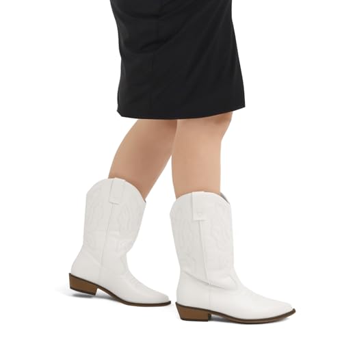 mysoft Women's Wide Calf Cowboy Boots Pull-On Mid-Calf Embroidered Pointed Toe Retro Western Boots3