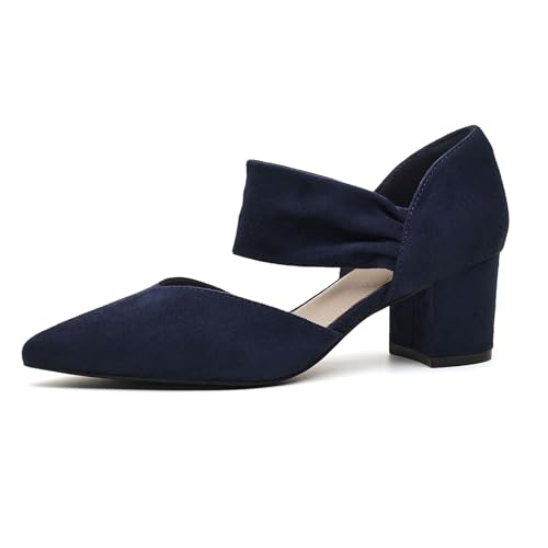 Volattio Women's Pumps Closed Toe Low Chunky Heels Dress Shoes for Women Comfortable Dressy Party Wedding Bridal Shoes Navy Blue Size 8 Wide Width
