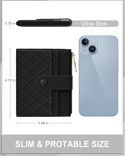 Womens Wallet, RFID Small Slim Wallets for Women, Compact Credit Card Holder, Cute Leather Bifold Ladies Purse with Zipper Coin Pocket and ID Window, Black2