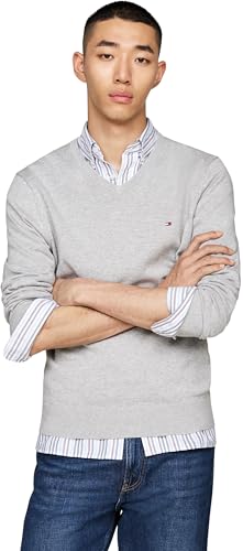 Tommy Hilfiger Herren Pullover Essential Cotton V-Ausschnitt, Grau (Light Grey Heather), L