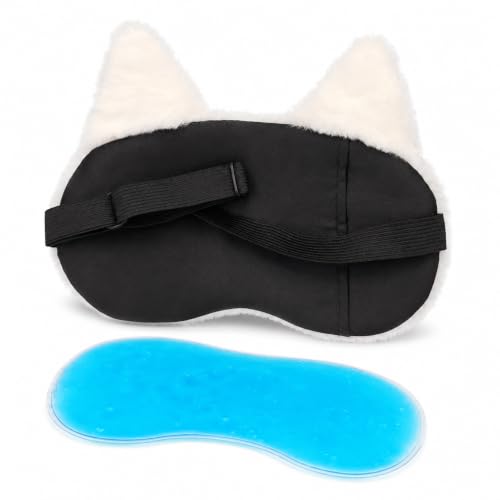 Image of Jenna Cat Design Sleeping Eye Mask with Cooling Gel Pad, Soft Plush Light Blocking Sleep Mask with Adjustable Elastic Strap for Women, Men and Kids, Ideal for Home, Travel, Nap and Relaxation (White)