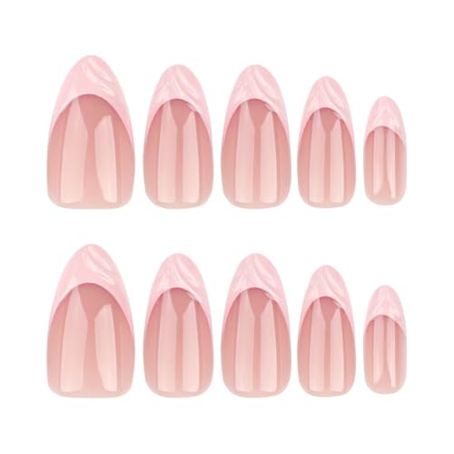 Image of Pink French Tip Press on Nails 3D Wave Fake Nails Spring Summer Glue on Nails Medium Almond False Nails with Design Reusable Artificial Acrylic Full Cover Nude Stick on Nail for Women Manicure 24Pcs