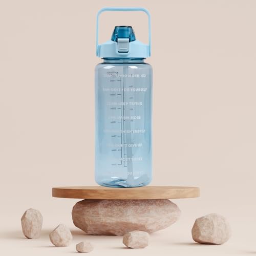 Image of RABBY 2L Motivational Water Bottle for Kids & School Use | Time Marker, BPA-Free, Leakproof Straw Lid, Carry Strap | Plastic Water Bottle for Travel, Sports, Gym, Office (Sky Blue 1Pcs)