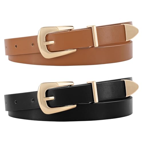 JASGOOD 2 Pack Women's Skinny Leather Belts Faux Leather Thin Waist Belts with Gold Buckle for Jeans Pants Dresses
