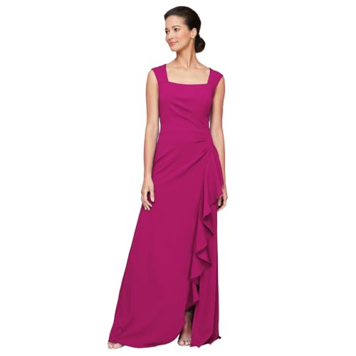 Alex Evenings Women's Long Cascade Ruffle Sleeveless Leg Slit, Mother of The Bride Dress, Elegant Party Gown, Fuchsia