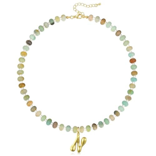 KissYan Initial Necklaces for Women, Colorful Beaded Gemstone Choker 14K