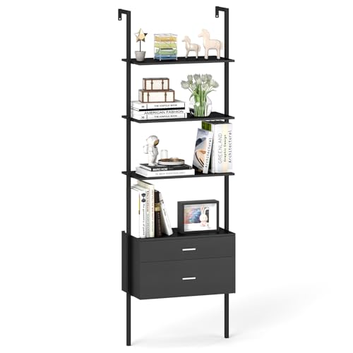 GOPLUS Estantería Escalera con Almacenamiento, Librería de Pared con 4 Estantes Abiertos y 2 Cajones, Estante de Exhibición Industrial para Oficina en Casa, Sala de Estar, Sala de Estudio (Negro)