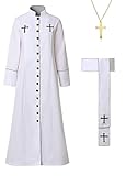 Gocos Clergy Robe Set with Cross, Full Length Button-Down, Black with White Trim, Includes Stole and Gold Cross Necklace (white, XXL)