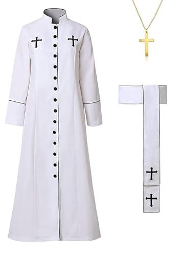 Gocos Clergy Robe Set with Cross, Full Length Button-Down, Black with White Trim, Includes Stole and Gold Cross Necklace (white, XXL)