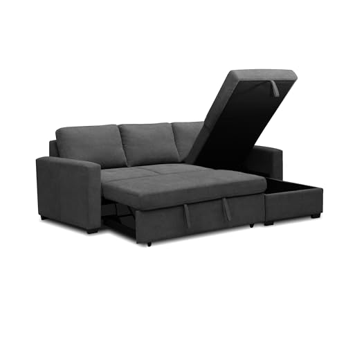 duehome | Sofá Cama 3 Plazas Reversible y con Almacenaje, Sofa con Chaiselong, Modelo Saira, Acabado en Tejido Gris, Medidas: 229 cm (Largo) x 93 cm (Alto) x 93-153 cm (Fondo)