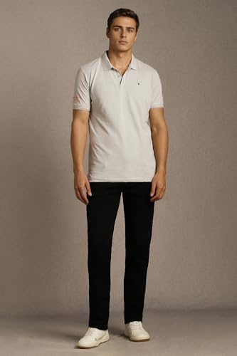 Image of Louis Philippe Men's Slim Fit Single-Tuck Pique Stylized Sleeve Print and Contrast Tipping Half Sleeve Solid Polo Tshirt