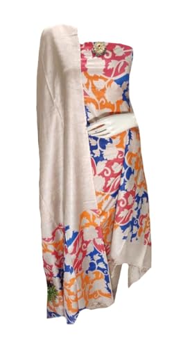 Image of Katan Slub Silk Unstitched Salwar Suit Dress Material for Women & Girls with Dupatta | Madhubani Screen Print | Top-2.5M, Bottom-2.5M, Dupatta-2.4M | Ethnic Wear | Code 243