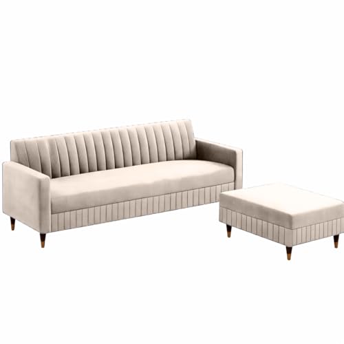 Image of AMATA Omega Solid Wood 4 Seater L Shape Cream Suede Velvet Fabric Sofa Set with Four Cushions Perfect for Home Office Guests Living Room (03 Cream, Omega L Shape 4 SSEATER)(3 Year Warranty)