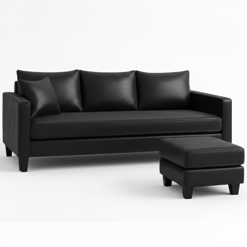 Image of FURNY Conva 4 Seater L Shape Sofa Set with Movable Ottoman | Flexible Left or Right Layout | Premium Leatherette Upholstery (Black) | Perfect for Living Room, Guest Room & Office