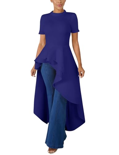 Image of Lrady Womens Casual Shirt Dress High Low Irregular Ruffle Hem Blouse Asymmetrical Peplum Long Tunic Tops