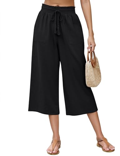 LOMON Women's Linen Capri Pants Wide Leg with Drawstring Elastic Waist Casual Cropped Pant