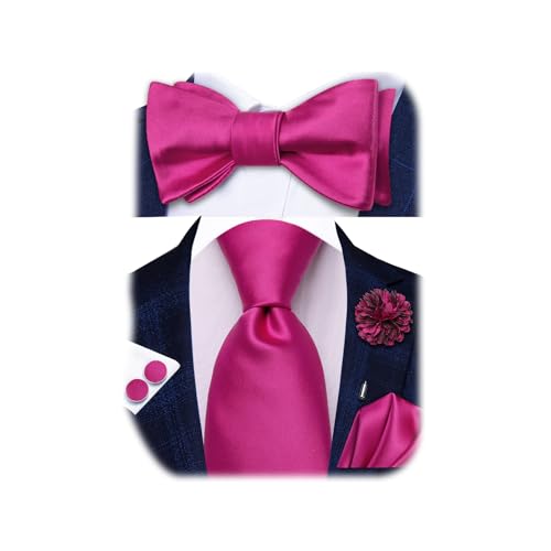 Image of Hi-Tie 5Pcs Mens Solid Color Silk Tie Satin Pretied Bowtie Lapel Pin for Men Handkerchief Cufflink Wedding Gift Box