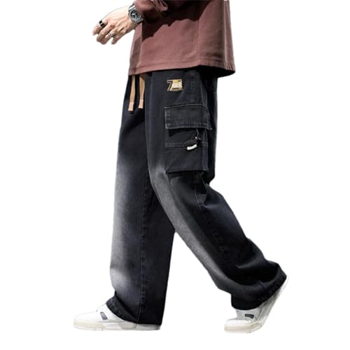 Men Wide Leg Washing Jean Pants Trousers Neutral Solid Color Loose Casual Pocket Cargo Pants Big Size