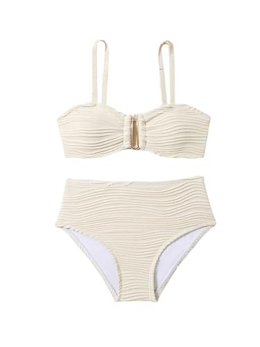 Girl's High Waisted Bikini Sets 2 Piece Textured Wireless Bathing Suit Spaghetti Strap Boho Swimsuit