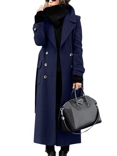 ebossy Women‘s Winter Double Breasted Wool Coat Elegant Notched Lapel Belted Maxi Long Pea Trench Coat (XL, Navy Blue)