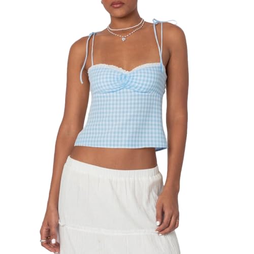 Women Y2k Gingham Tank Tops Tie Shoulder Sleeveless...