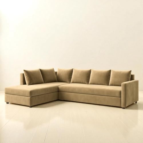 Image of FURNY Gloria 6 Seater Fabric LHS L Shape Sofa Set (Beige) Premium Velvet Finish | Durable Comfort | Ideal for Living Room