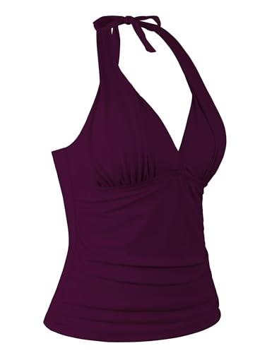 Hilor Women's Tankini Bathing Suit Plunging V Neck Halter Swim Tops Shirred Tummy Control Tankini Top2