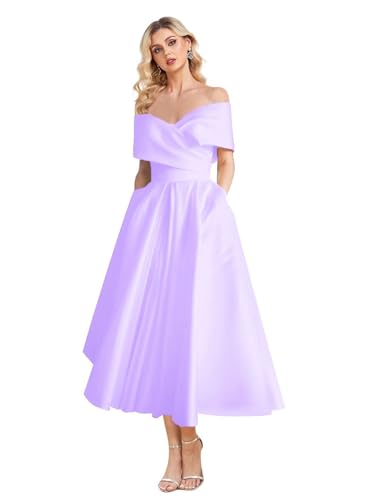 Image of Women's Off Shoulder Wedding Dress for Bride Tea Length A Line Satin Formal Prom Dresses with Pockets