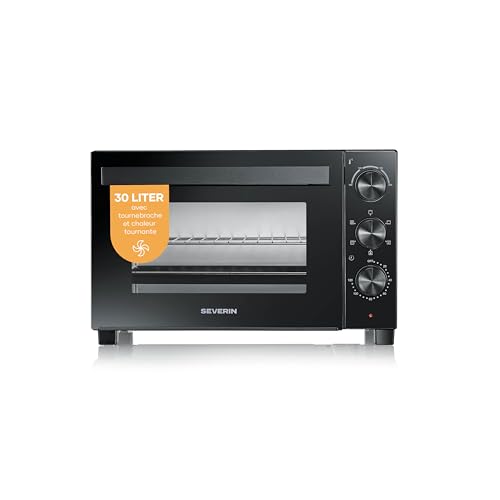 SEVERIN Mini-Four à chaleur tournante 30 L avec tournebroche, Four posable 1 500 W design simple et élégant électrique avec minuteur 120 min, Noir, TO 9020