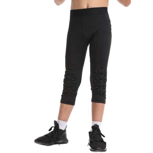 Youth Boys 3/4 Compression Pants with Knee Pads Padded Leggings Basketball Athletic Tights Capri for Sport Workout2