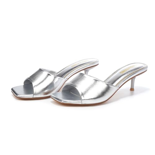 Image of LULLASONG Women's Kitten Heels Sandals Low Heels Slip On Slides 2 Inch Heeled Square Open Toe Sandals for Women