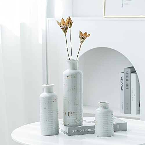 Lizofer Antique White Ceramic Vase Set Of 3 For Living Room Bedroom Office Retro Rustic Vintage Farmhouse Home Decor Modern Flower Vases For Fireplace Kitchen Centerpieces Table Shelf Minimalist Gift #TOP2