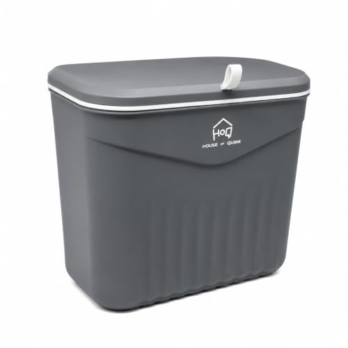 Image of House of Quirk 7L Hanging Kitchen Trash Can with Lid, Wall Mounted & Cabinet Door Waste Bin, Double-Sided Opening (Slate Grey)