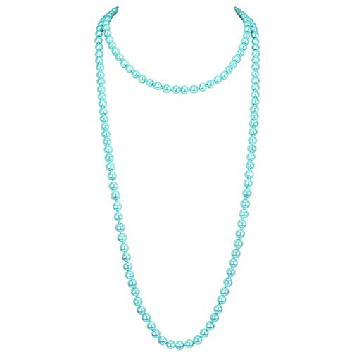 1920s Retro Faux Pearls Aqua Beads Cluster Long Pearl Necklace 58